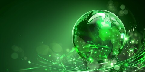 Glowing green globe with digital energy lines and sparkling particles on a vibrant green background, symbolizing technology, sustainability, and global innovation