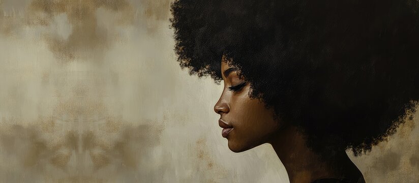 Contemplative Young Woman with Afro Profile Against Soft Earthy Tones in Minimalist Space for Text and Reflection.
