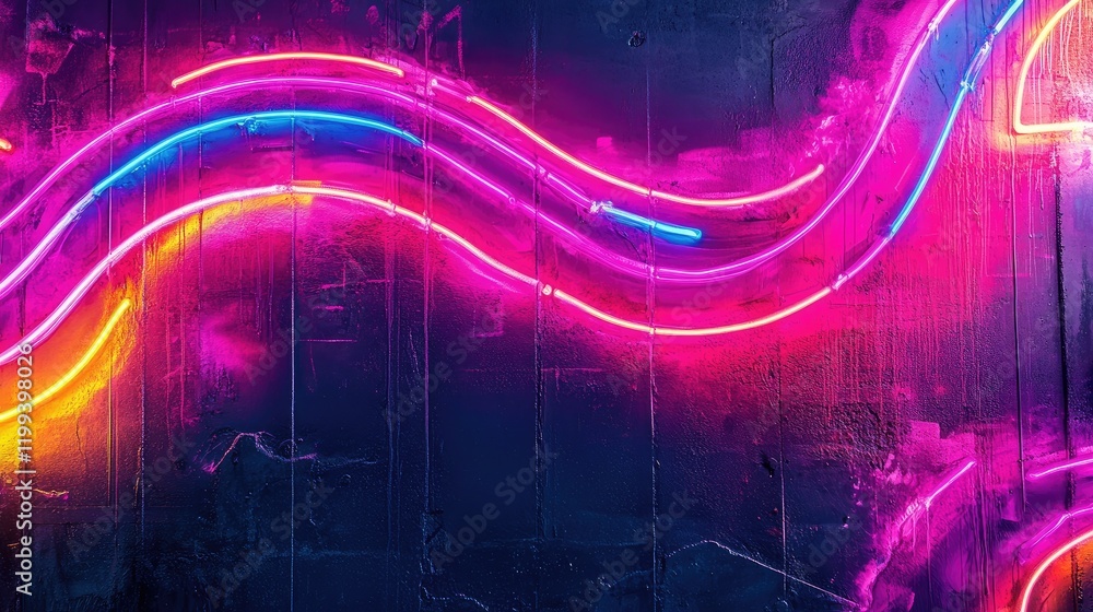 Aufkleber vibrant neon light trails on dark textured wall with colorful graffiti elements and blank space for 