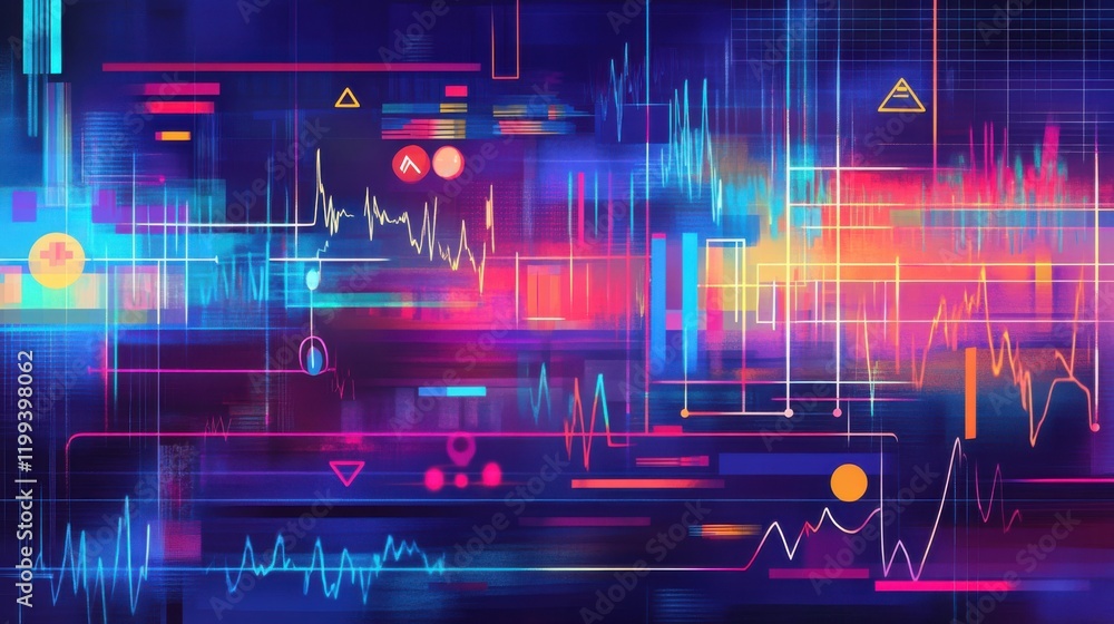 Poster abstract digital visualization of colorful data streams and graphs representing analytics