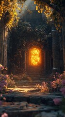 Enchanted Doorway Surrounded by Vibrant Flowers and Ancient Stones