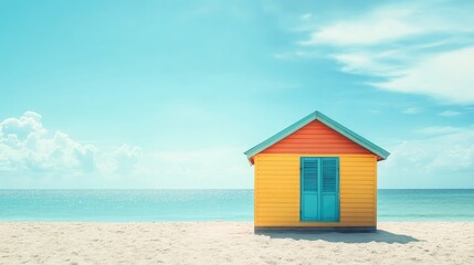 Vibrant Tropical Beach Hut with Blue Sky and Ocean Background, Copy Space Available