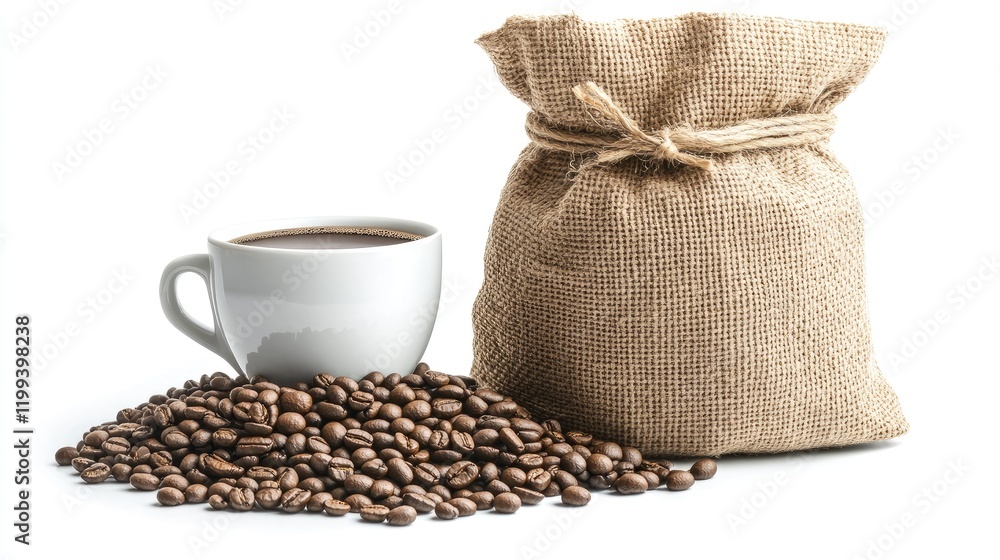 Poster coffee cup next to burlap sack filled with roasted coffee beans on a white background with ample cop