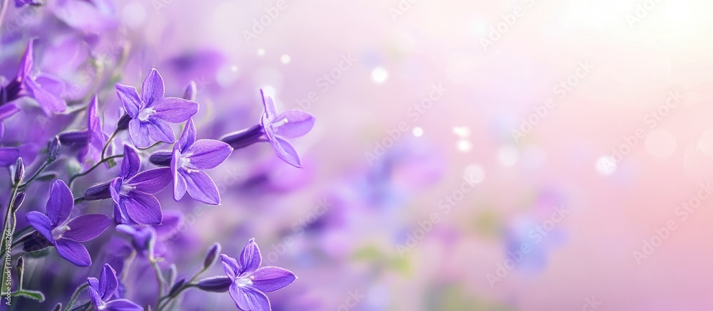 Poster close-up of delicate purple orchid flowers against a softly blurred pastel background with bokeh eff