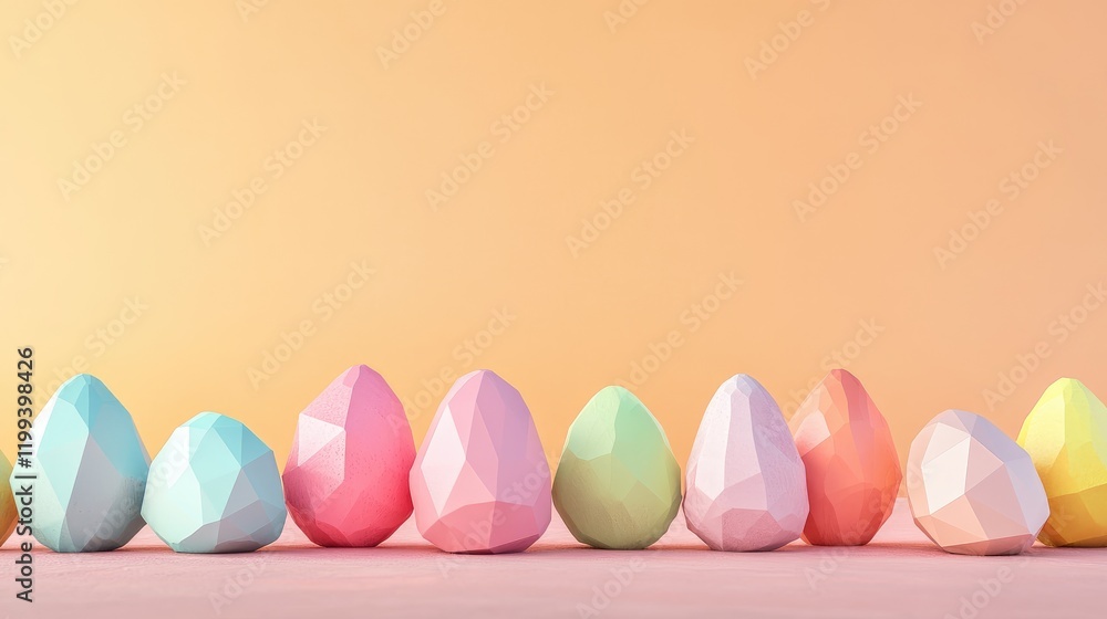 Poster pastel-hued triangular eggs arranged in a row against soft orange background with copy space for tex