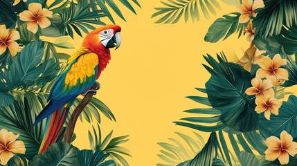 Obraz premium Colorful Macaw Parrot perched among Vibrant Green Palm Leaves and Yellow Hibiscus Flowers on Sunny Yellow Background with Copy Space