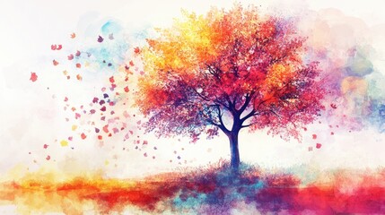 Colorful Tree Illustration with Abstract Watercolor Effect and Empty Space for Text in Natural Setting