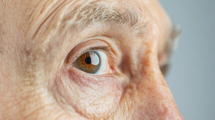 Fototapeta premium Close-up of senior man's eye revealing skin texture and depigmented nevus against a soft gray background with ample negative space for text.