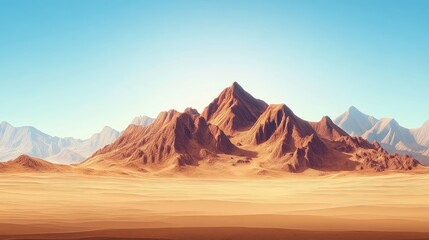 Naklejka premium Vast desert landscape featuring rocky mountains under a clear blue sky with expansive empty foreground space for text in warm beige and brown tones.