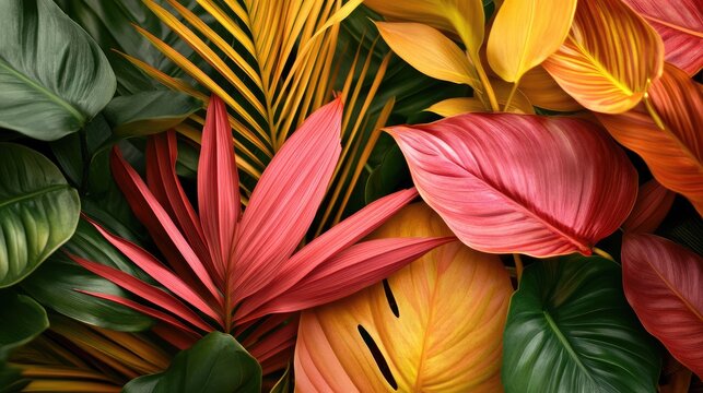 Vibrant tropical foliage featuring green, red, yellow, and orange leaves arranged densely with a warm undertone and ample negative space for text.