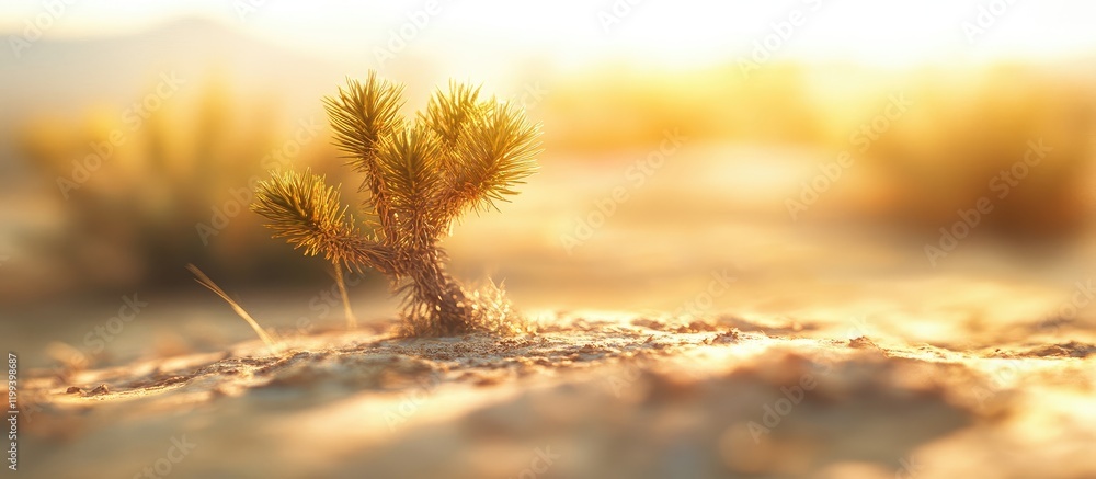 Poster defocused joshua tree gently illuminated by warm light in a vast desert landscape with soft golden h