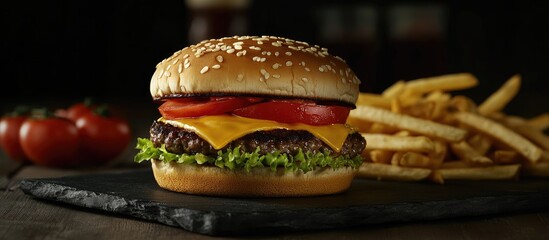 Gourmet cheeseburger adorned with fresh tomatoes and crisp lettuce served alongside golden fries on a dark slate board against a rustic wooden backdrop