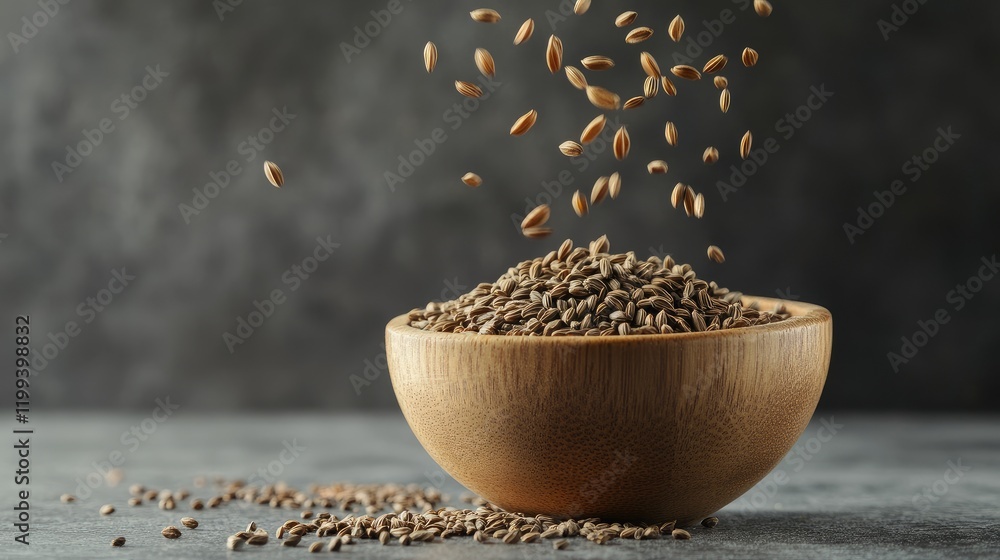 Poster cumin seeds cascading into a rustic wooden bowl on a textured gray surface illuminated by soft natur