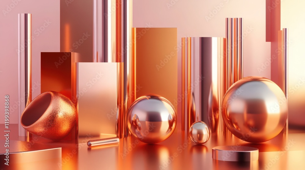 Poster abstract rendering of copper geometric shapes on a reflective surface, in soft lighting
