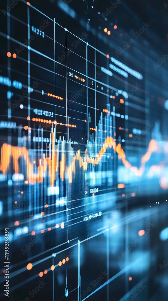 Poster Orange and blue lines illustrating stock market trends on a digital screen with grid lines and numbers for financial analysis