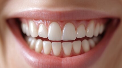 Fototapeta premium Close-up of a smiling woman's perfect white teeth showcasing dental implants and teeth correction with soft lighting and empty space for text.