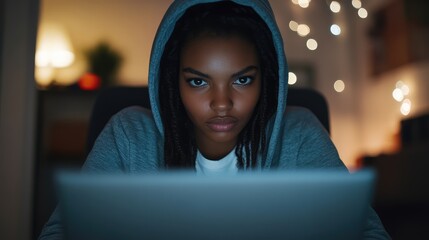 African American female hacker in gray hoodie working on laptop in dimly lit room showcasing intense focus with bokeh lights in background and empty canvas for text placement