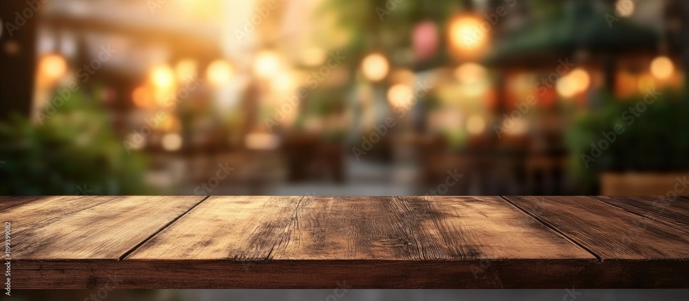 Aufkleber warm rustic wooden table against a softly blurred outdoor cafe background with golden bokeh lights f