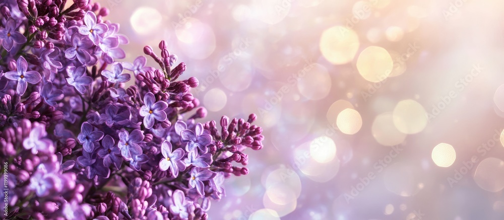 Poster festive lilac bokeh background with vibrant purple flowers softly blurred on the left, creating a se