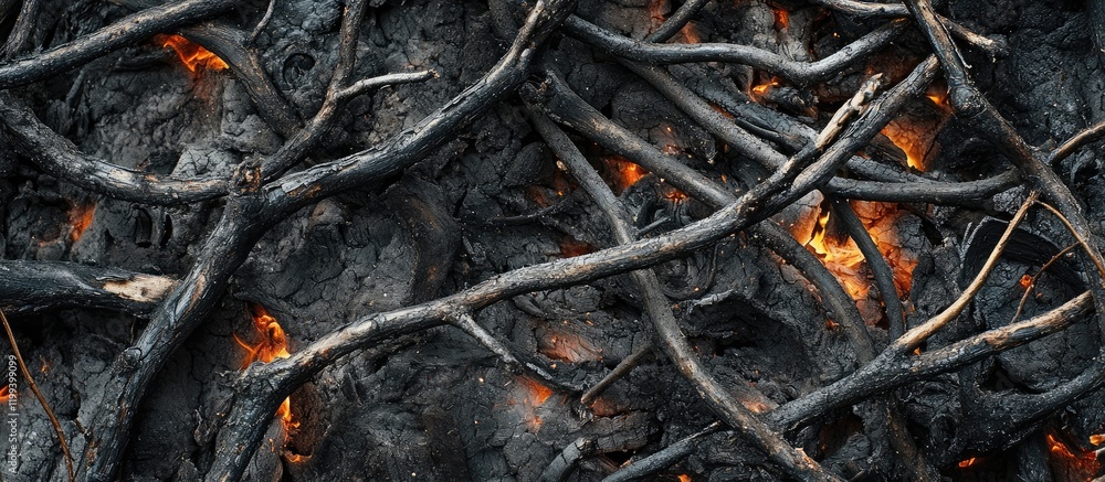 Aufkleber burning twigs and branches with glowing flames in dark ash background ideal for fire conceptual imag