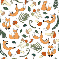 Playful fox and forest-themed seamless pattern. Featuring foxes, ferns, mushrooms, and beetles. Perfect for wallpaper, fabric, wrapping, packaging, stationery, crafts, and room decor.