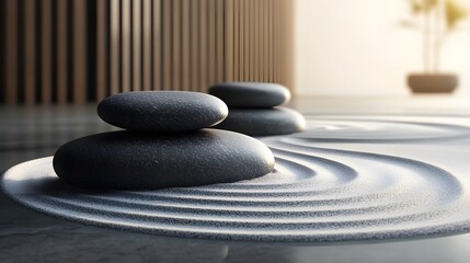 Zen garden showcases white fine sand with elegant wave patterns and smooth raked lines, complemented by natural grey stones in minimalist Japanese design with dramatic side lighting.