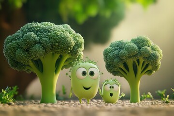 Cheerful Cartoon Broccoli Characters in a Bright Setting
