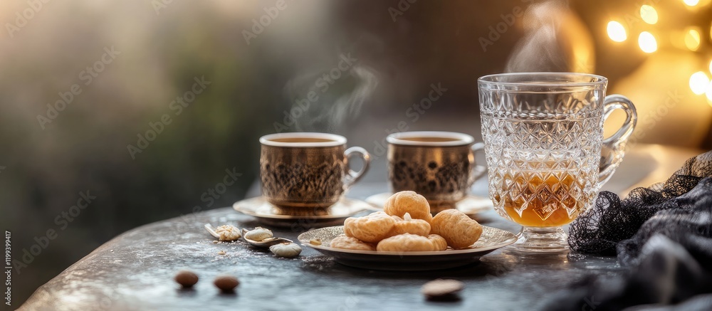 Aufkleber elegant crystal glass on rustic table with arabic coffee cups steam rising and assorted snacks in so
