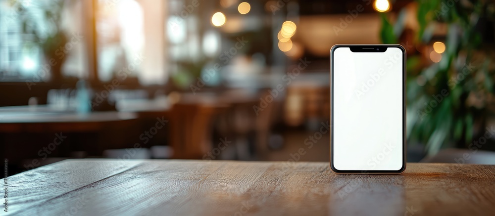 Poster defocused cafe interior with warm wooden table and modern smartphone displaying empty screen for tex