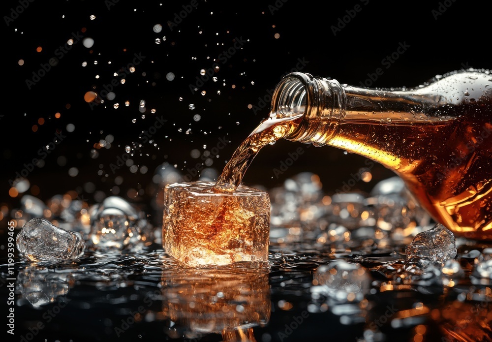 Poster refreshing beverage splashing over ice cube in dark setting, capturing the essence of refreshment an