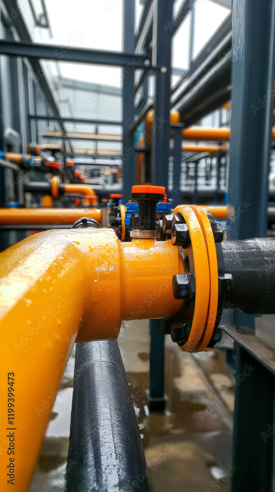 Poster Close-up of wet pipes and valves in an industrial setting, showcasing the complexity and functionality of a modern factory