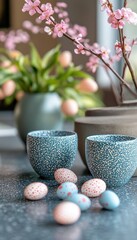Pastel Easter eggs and speckled cups near blossoming branches. Springtime table setting.