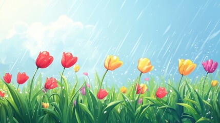 Fototapeta premium Vibrant tulip blossoms in a bright spring meadow under a clear blue sky