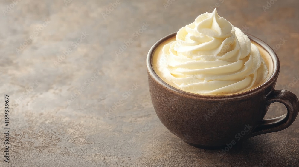 Poster rich brown coffee cup filled with creamy whipped topping on a rustic textured surface ideal for indu