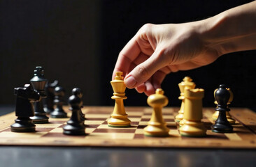 A player focuses intently as they make a strategic move in a competitive chess match with friends