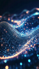 Abstract futuristic background with glowing particles forming a digital wave in cyberspace