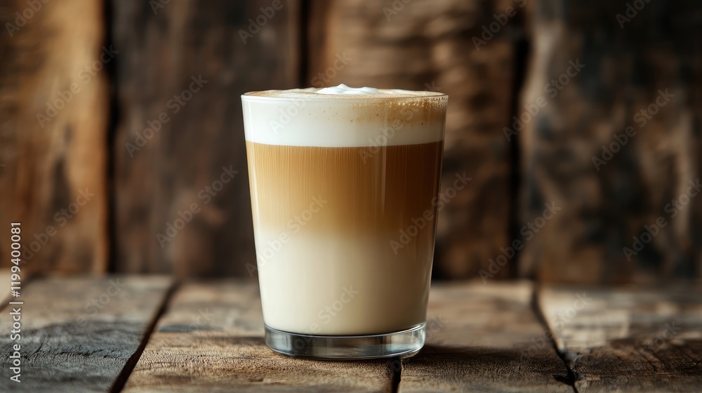 Poster frothy layered coffee in a clear glass on rustic wooden table against textured wooden wall with ampl