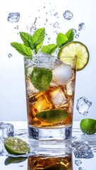Refreshing Beverage with Ice and Mint Leaves in a Clear Glass, Surrounded by Slices of Lime, Sparkling Water, and Droplets on Glass Surface