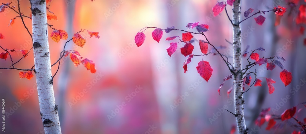 Aufkleber defocused birch trees with vibrant red and purple autumn leaves in a serene wilderness setting with 