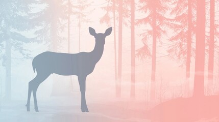 Deer Silhouette Against Soft Misty Forest Background at Sunrise