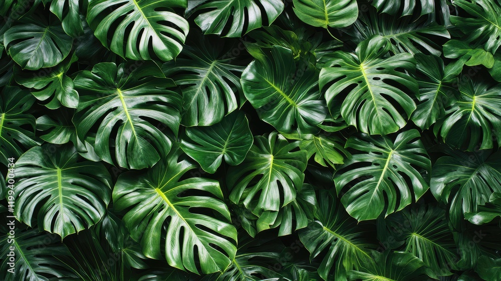 Poster lush green palm leaves creating a dense tropical backdrop on a neutral white background with ample c