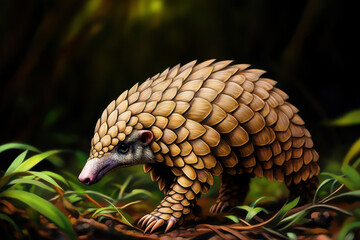 Fototapeta premium A close-up of a pangolin in a lush green environment, highlighting its unique scales.