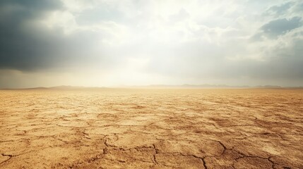 Fototapeta premium Desert landscape after winter rain, featuring cracked earth and expansive sky, with blank space for text.
