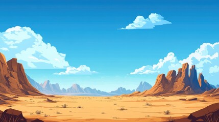 Naklejka premium Desert landscape under bright blue sky showcasing rugged mountains and expansive empty space for text with warm tan earth tones.