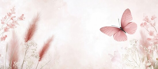 Delicate Pink Butterfly Amidst Pampas Grass and Floral Accents on Soft Blush Background with Space for Custom Text and Design Elements