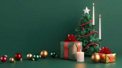 Minimalist 3D rendering illustration of a Christmas tree with candles and wrapped gifts on a green background, perfect for commercial photography and stock photo style, embodying a festive and elegant