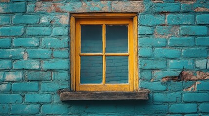 Vibrant turquoise brick wall featuring a rustic yellow window with four panes, reflecting natural light
