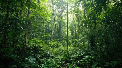 Fototapeta premium Lush green rainforest landscape with dense foliage and towering trees, vibrant shades of green, inviting empty space for text, natural light filtering through.