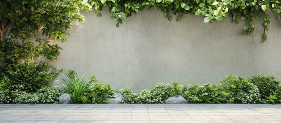 Contemporary garden design featuring a textured grey wall adorned with greenery, decorative rocks, and lush plants for tranquil outdoor ambiance