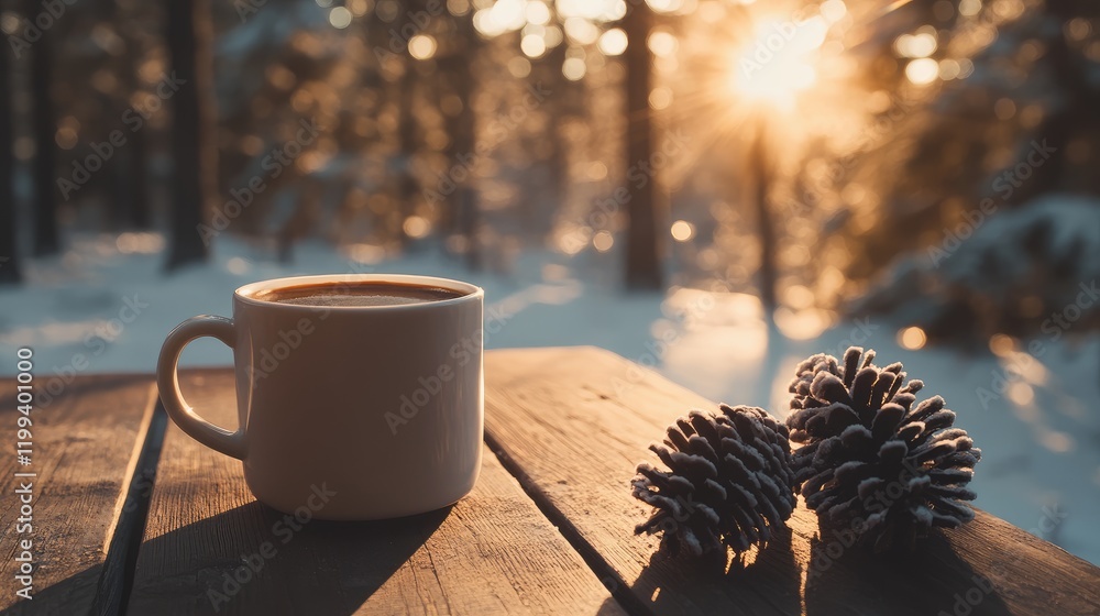 Poster warm cup of coffee on rustic wooden table with sunlight filtering through trees in forest setting an